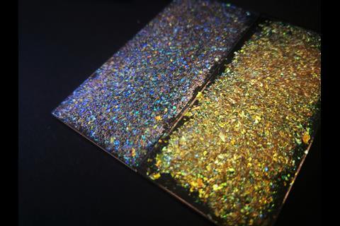 1 Blue and gold glitter prepared from peeled large scale films